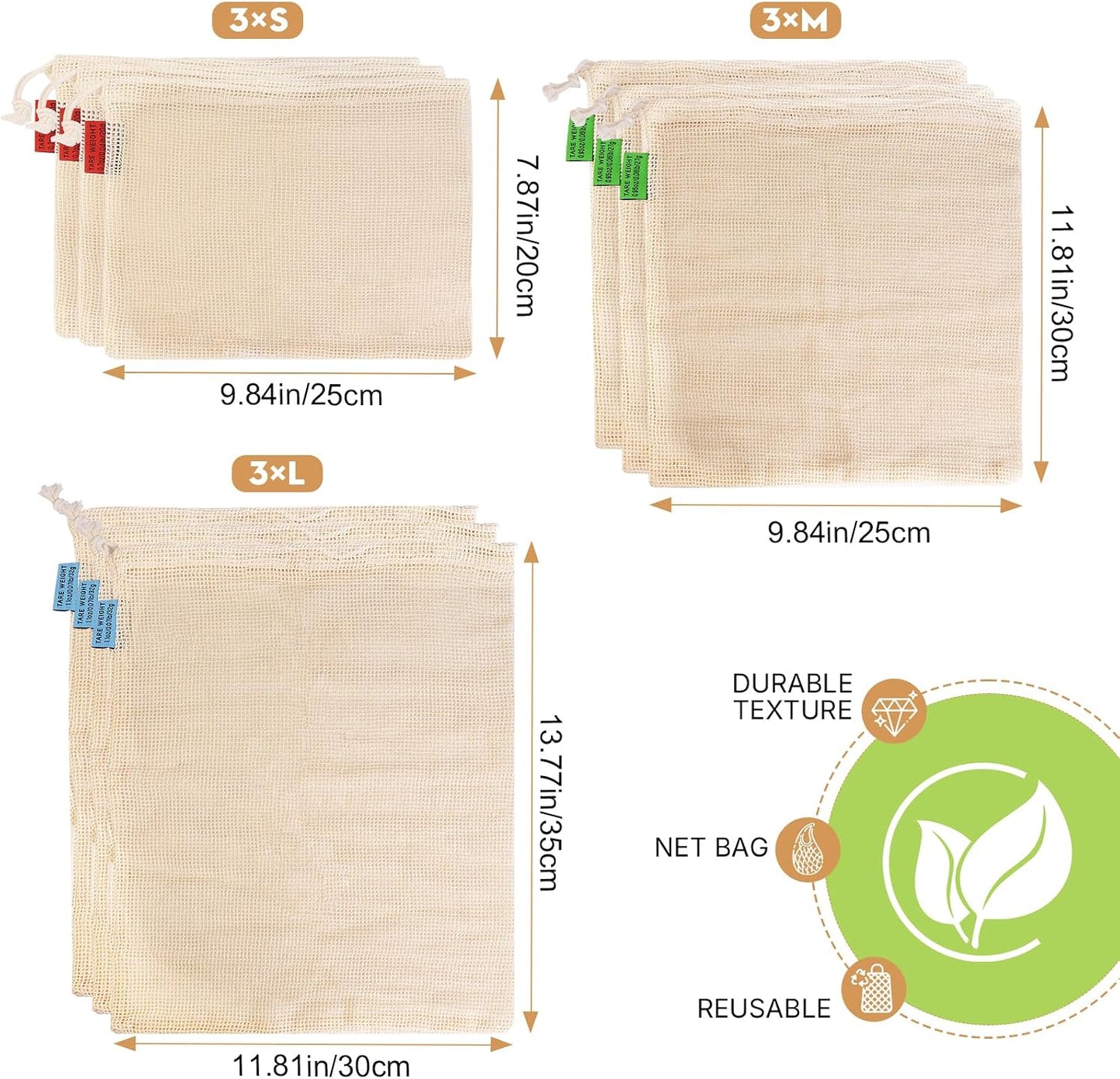 9 Pzas Bolsas Algodón Malla para Verduras