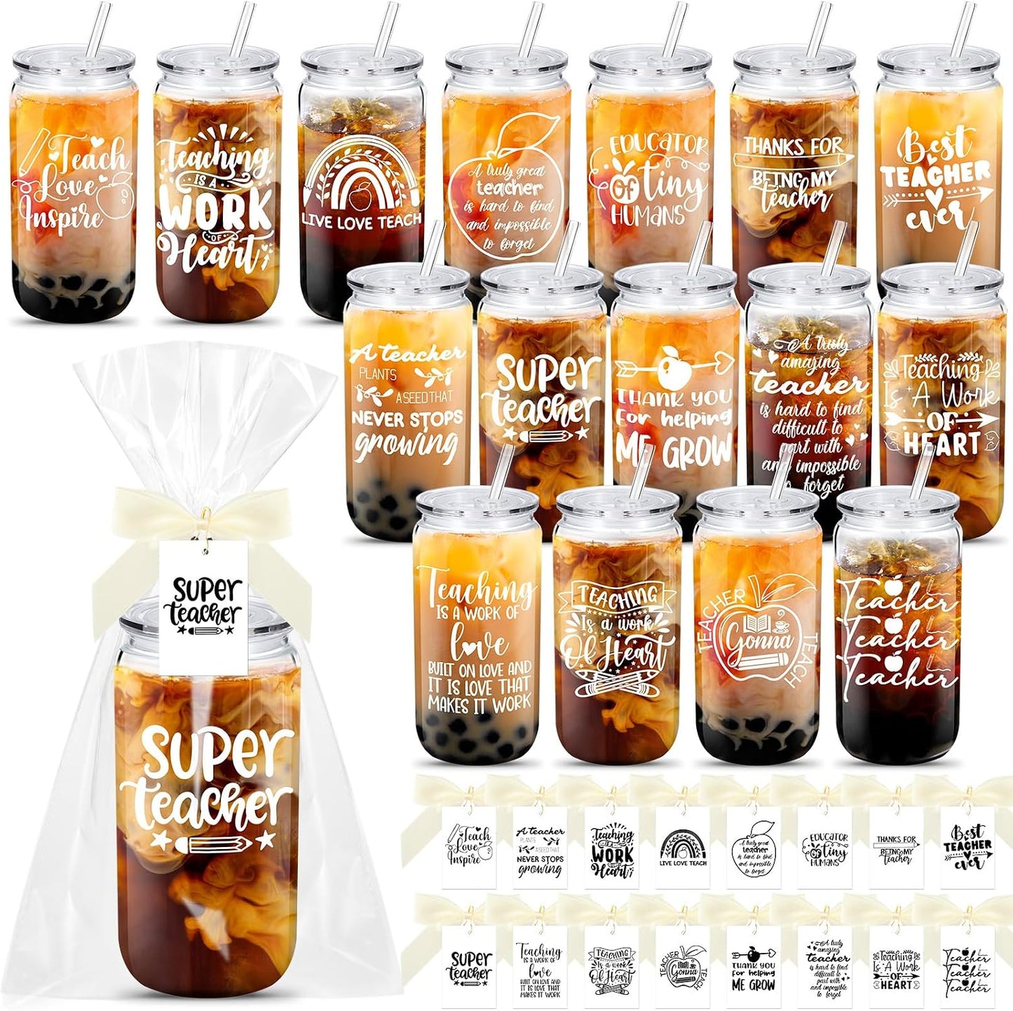16 Vasos Plástico 16oz con Tapa y Pajilla
