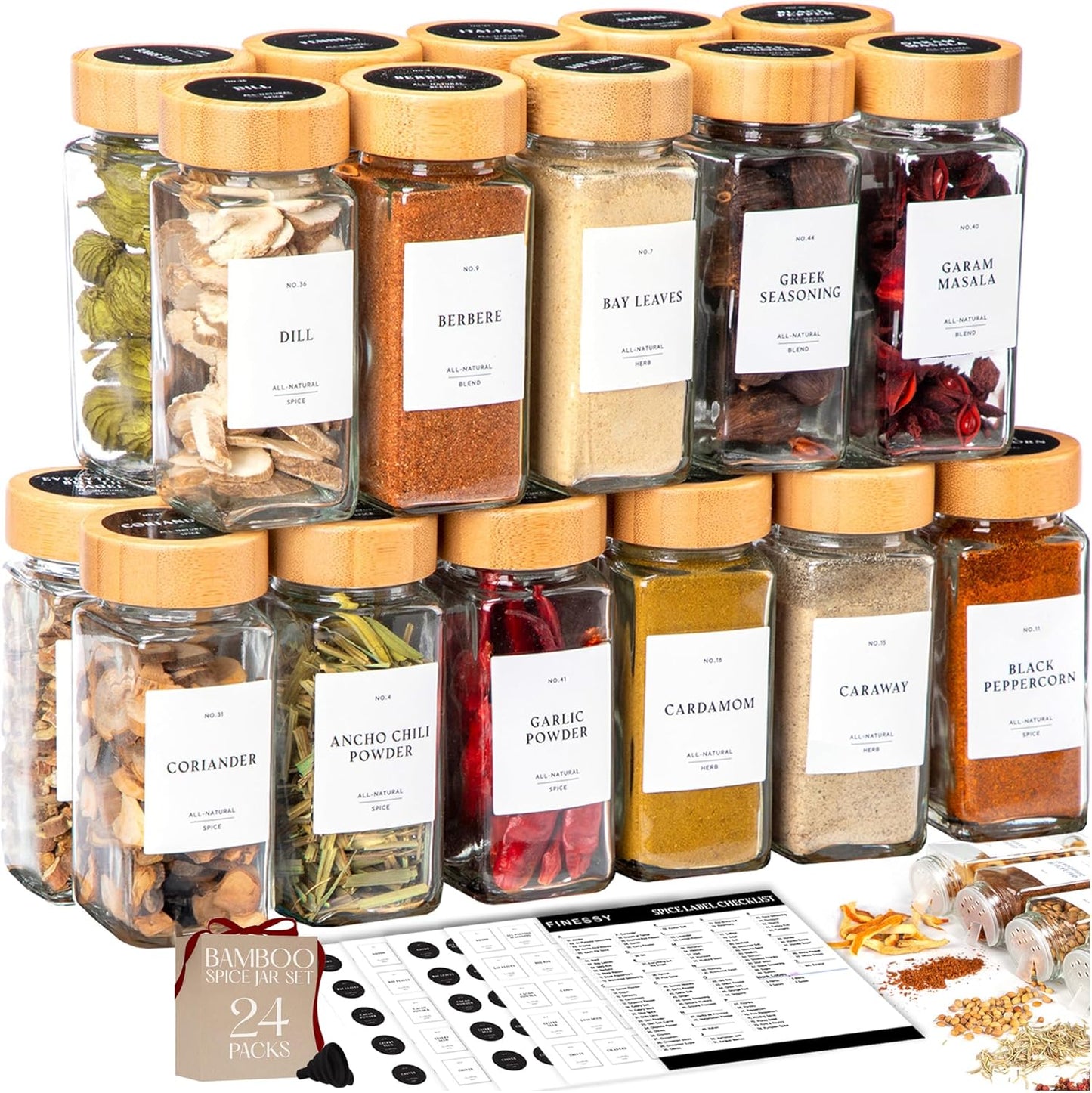 Set 24 Tarros Vidrio Bambú 4oz con Etiquetas y Tapas