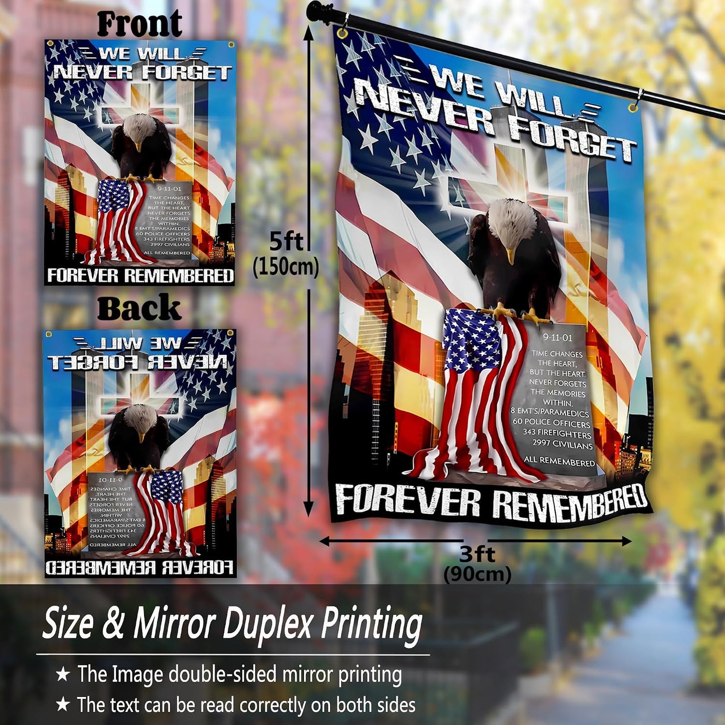 Bandera 911 Never Forget 3x5ft para exteriores e interiores