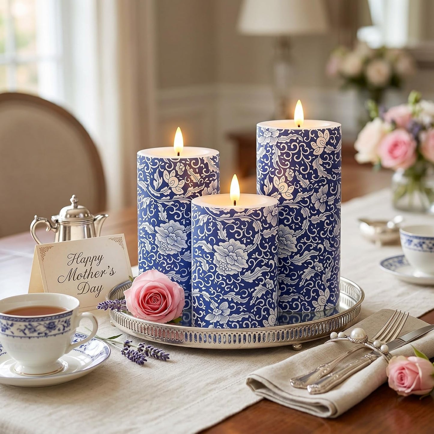 3 Velas LED Chinoiserie Azul y Blanco para Hogar y Fiesta