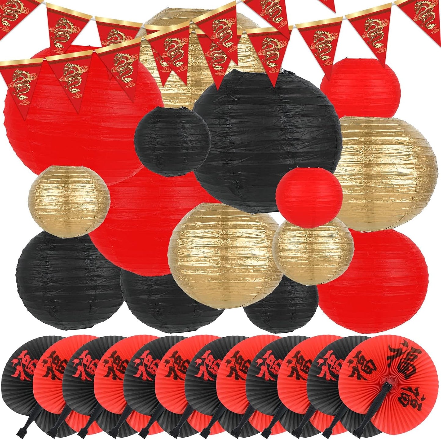 28 Pzas Decoraciones Fiesta Hibachi 15 Linternas 12 Abanicos 32.8pulg Pancarta Dragón