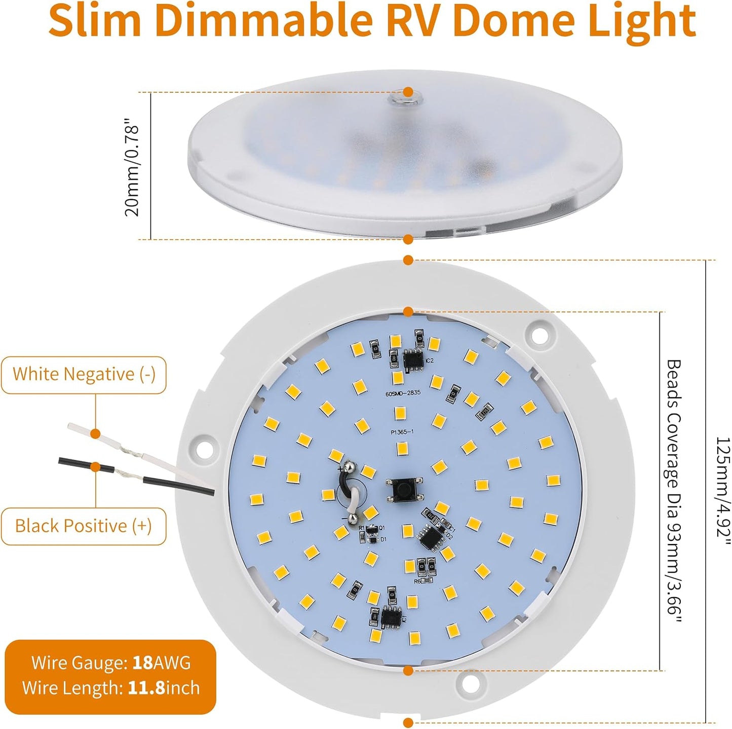 Luz LED techo caravana 5pulg 12V regulable cúpula transparente