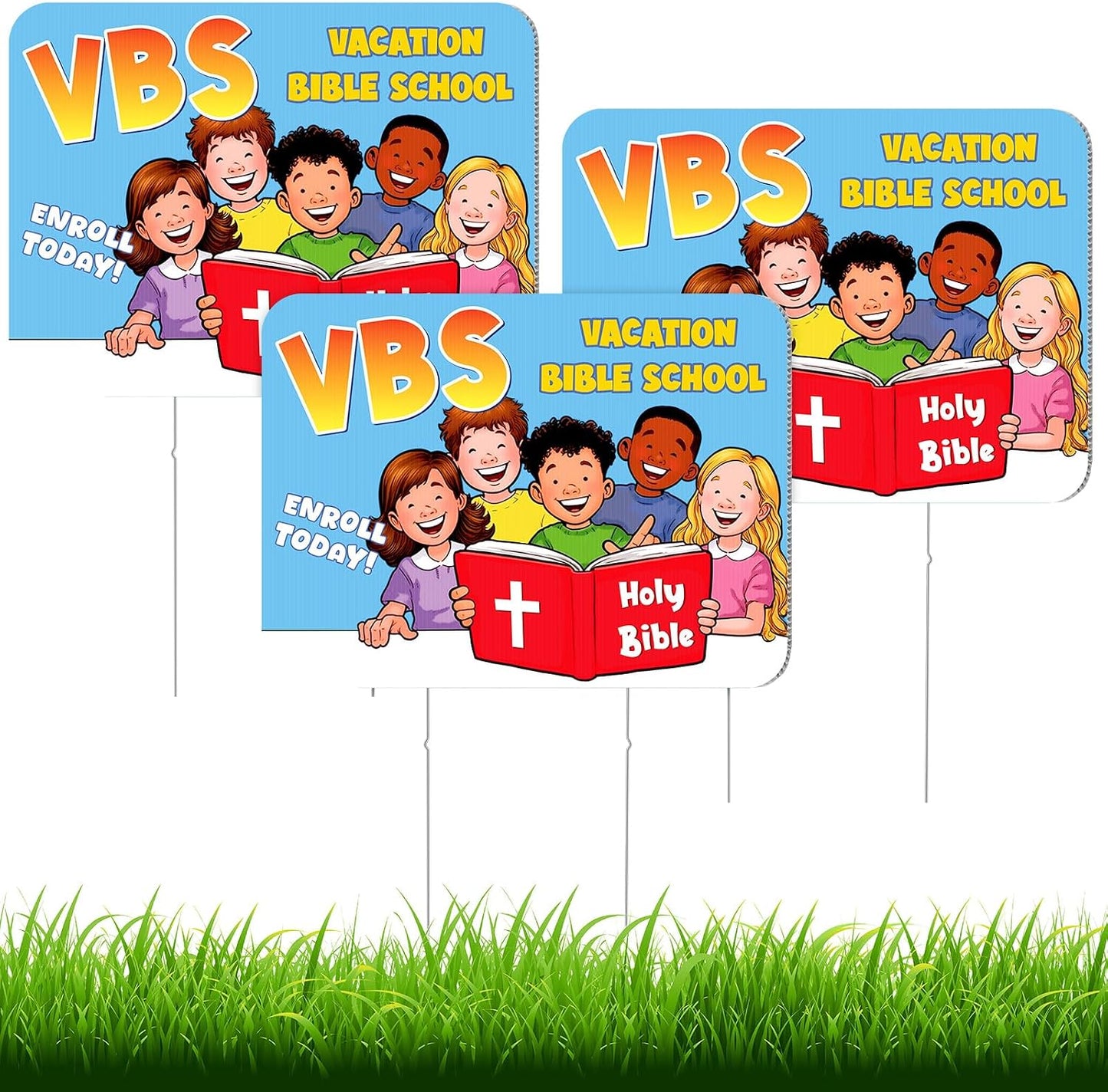 Set 3 letreros VBS 12x16pulg plástico corrugado azul y rojo
