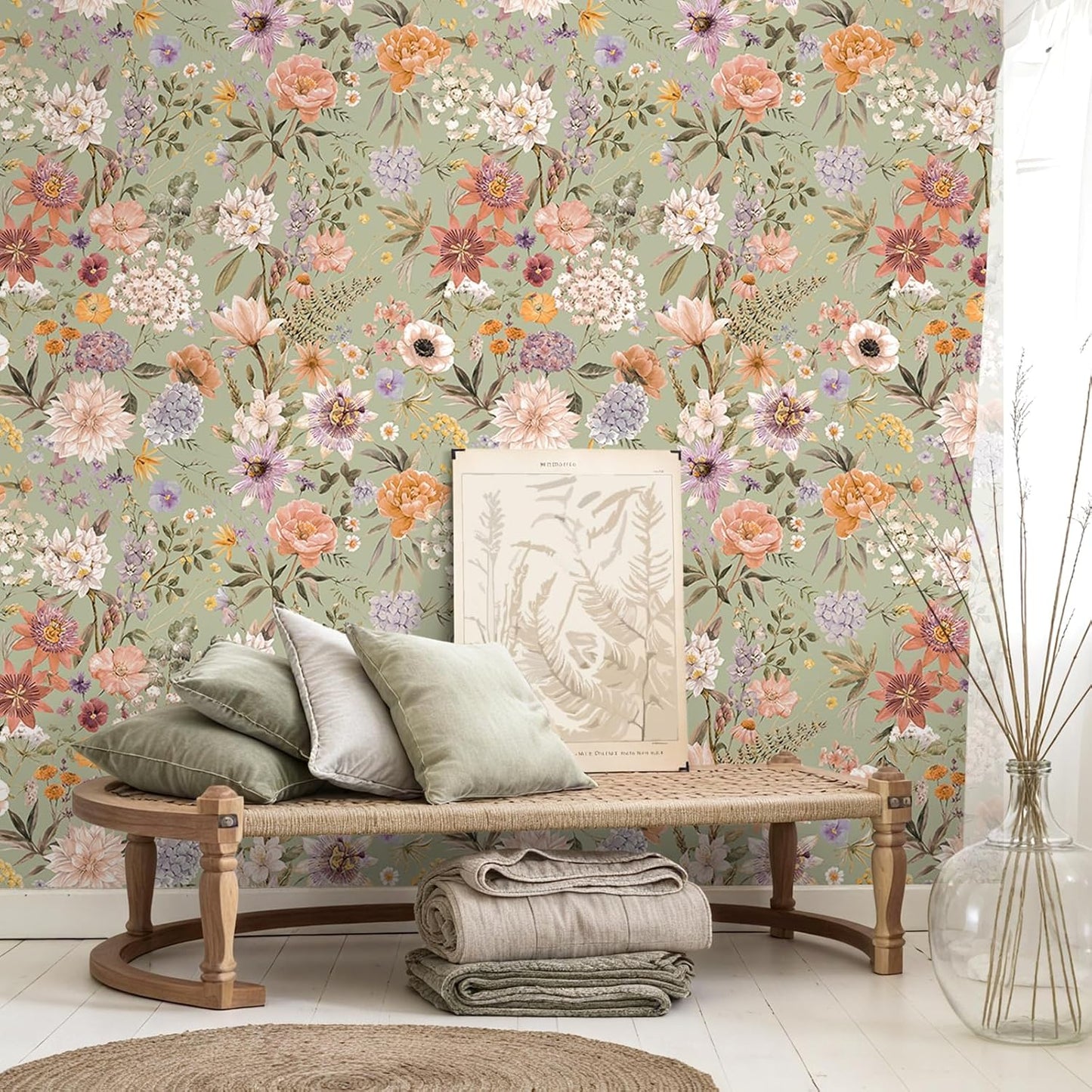 Papel Tapiz Floral Autoadhesivo Extraíble Verde Salvia 17.7x118pulg