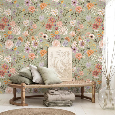 Papel Tapiz Floral Autoadhesivo Extraíble Verde Salvia 17.7x118pulg