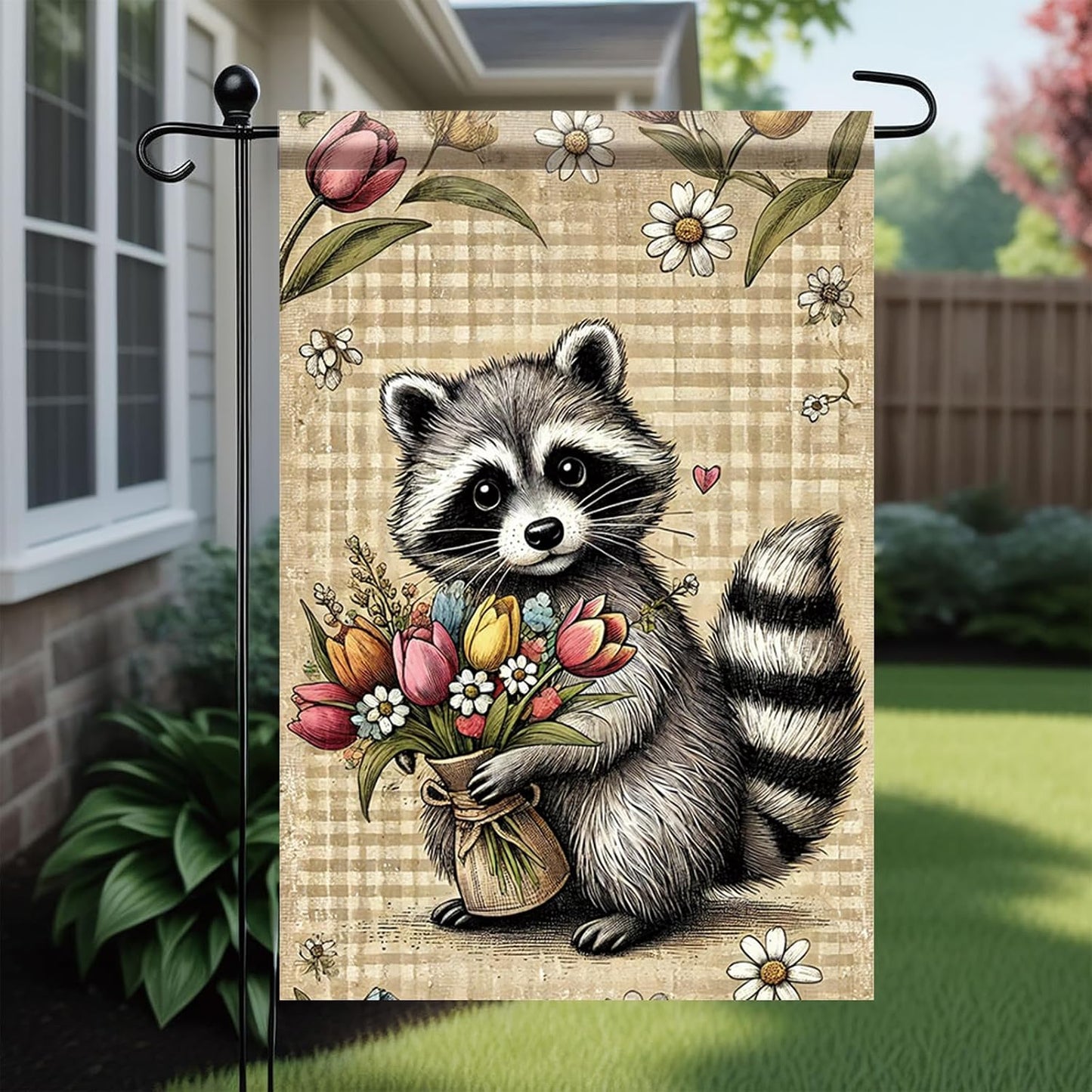 Bandera jardín mapache 12x18pulg doble cara primavera verano
