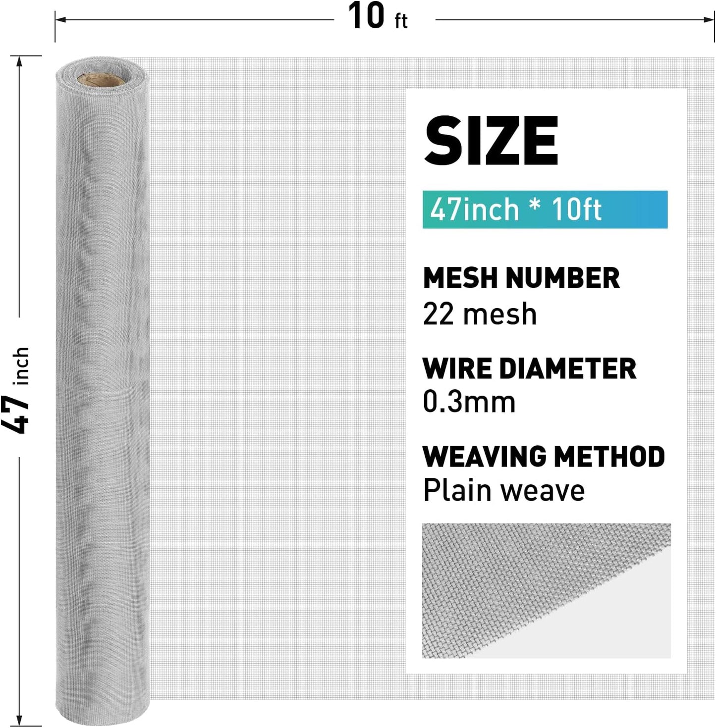 Rollo malla acero inox 304 para ventana 47pulg x10ft plateada