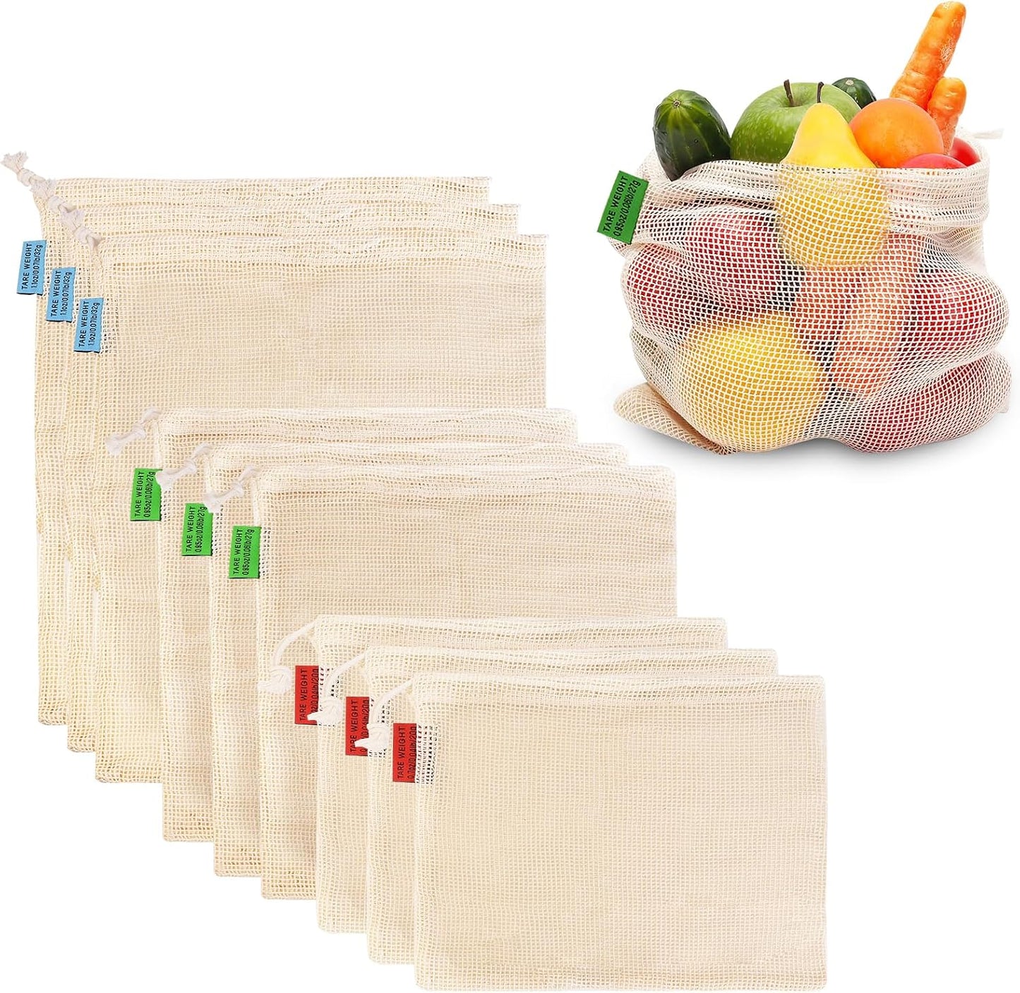 9 Pzas Bolsas Algodón Malla para Verduras
