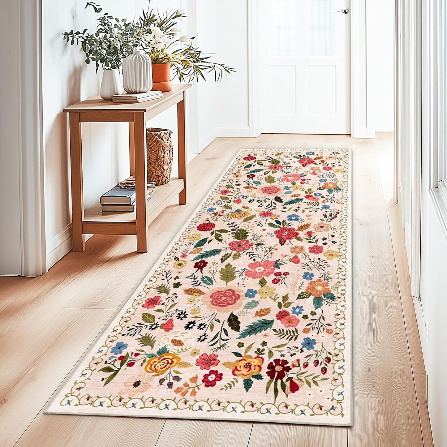 Alfombra pasillo 2.6x8 lavable no resbala flores beige
