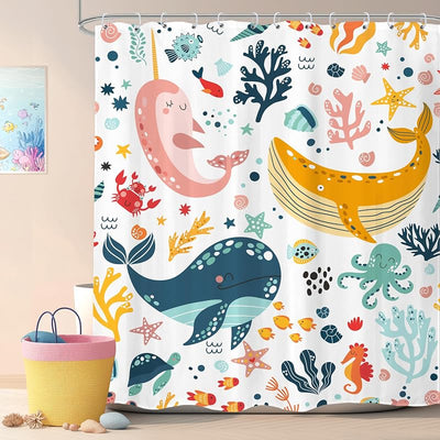 Juego cortinas ducha niños diseño ballenas 60x71pulg