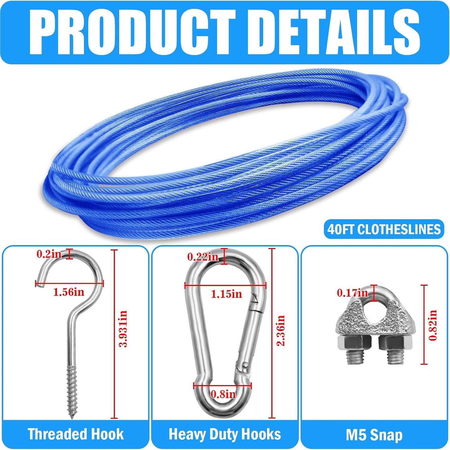 Cuerda para ropa al aire libre 40ft PVC azul con ganchos