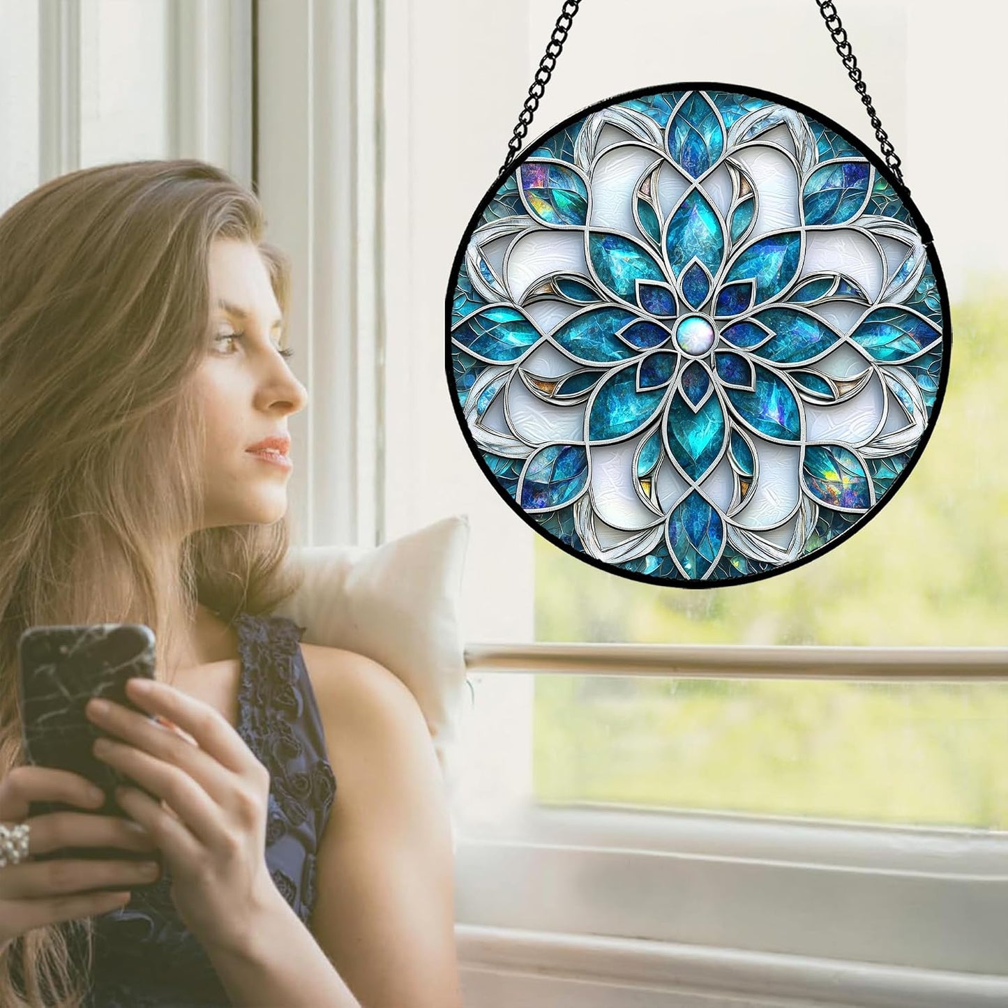 Colgante Vidrio Emplomado Atrapasol Flores Azul Blanco Decoración