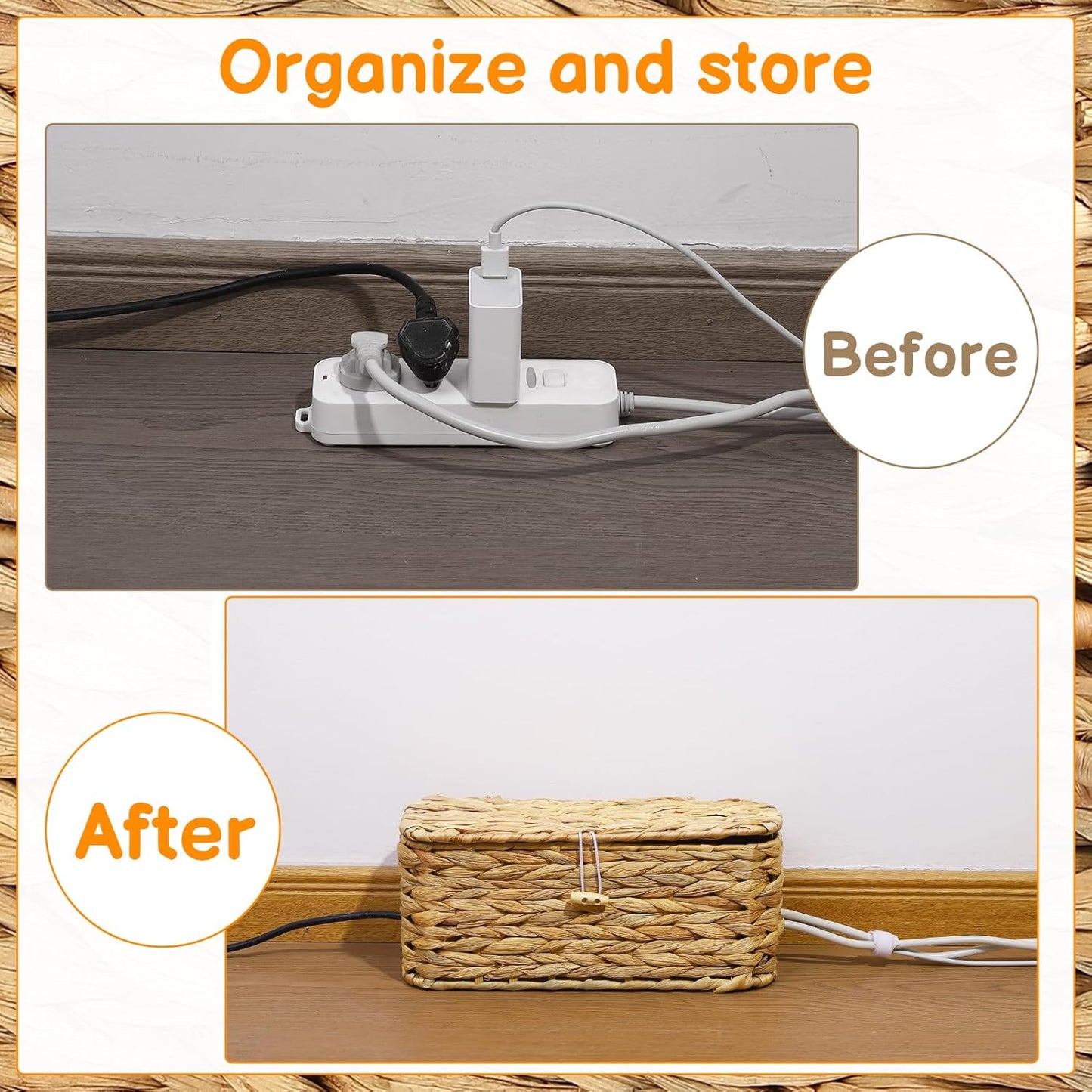 2 Cajas Mimbre Organiz. Cables con Tapa Hogar Oficina