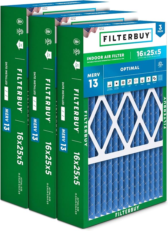 Filtro aire MERV 13 16x25x5 pulg plisado pack 3 HVAC