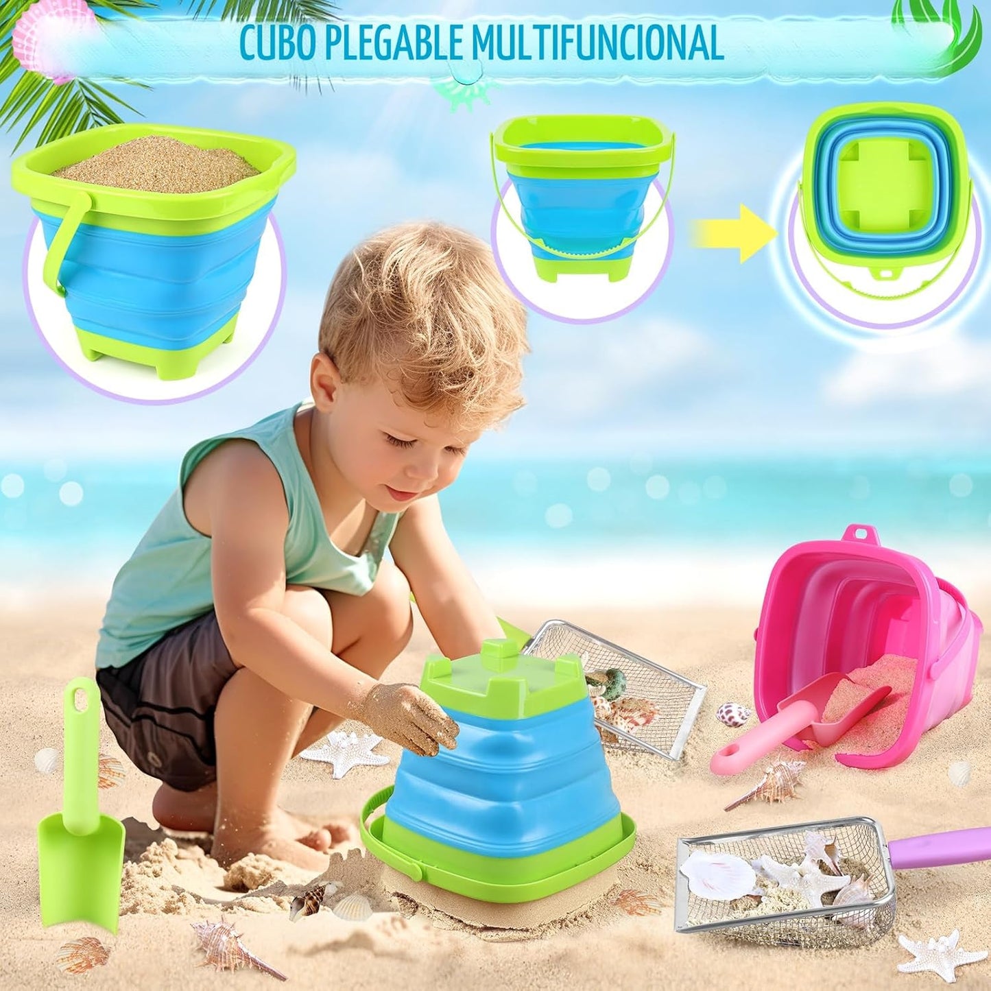 Set recolección conchas playa con cubos plegables