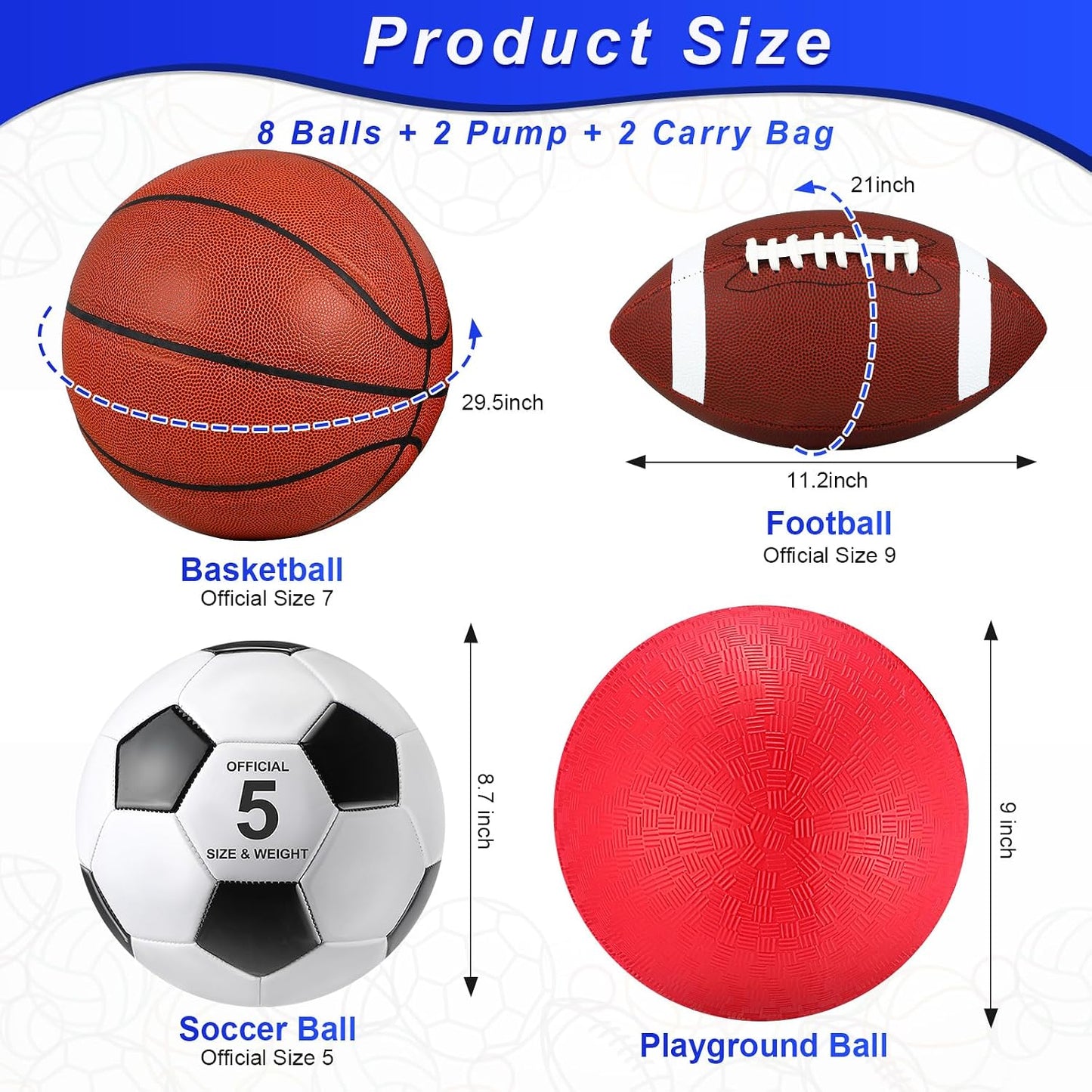 Set 8 pelotas deportivas oficiales con bolsas y bombas