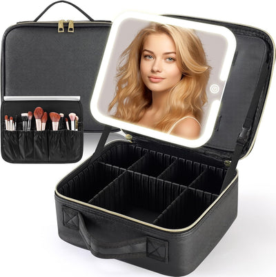 Bolsa maquillaje viaje con espejo led 3 ajustes color negro