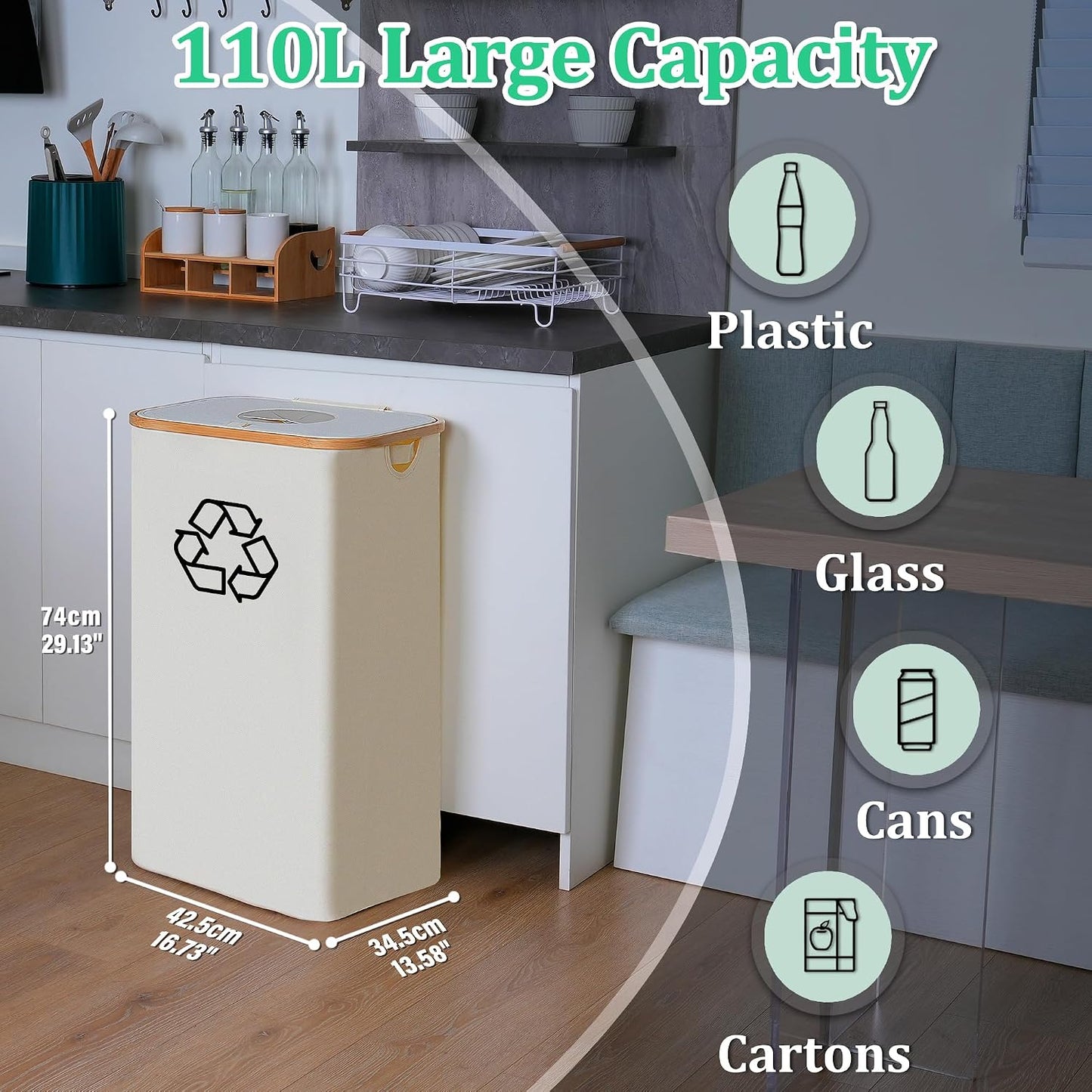 Contenedor reciclaje cocina 110L con 2 bolsas reutiliz.