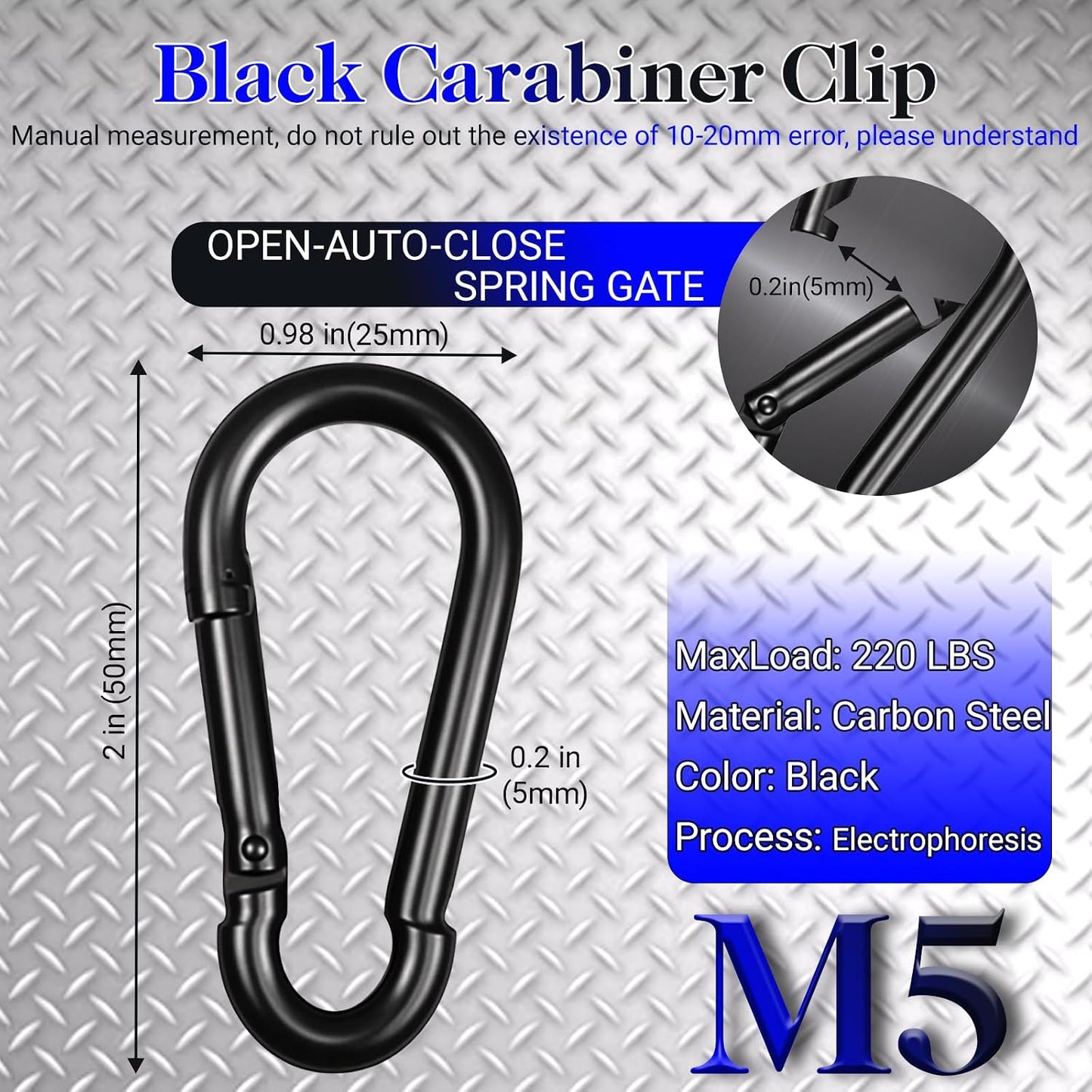 200 Pzas Mosquetones M5 Acero Galvanizado Negro 3/16pulg