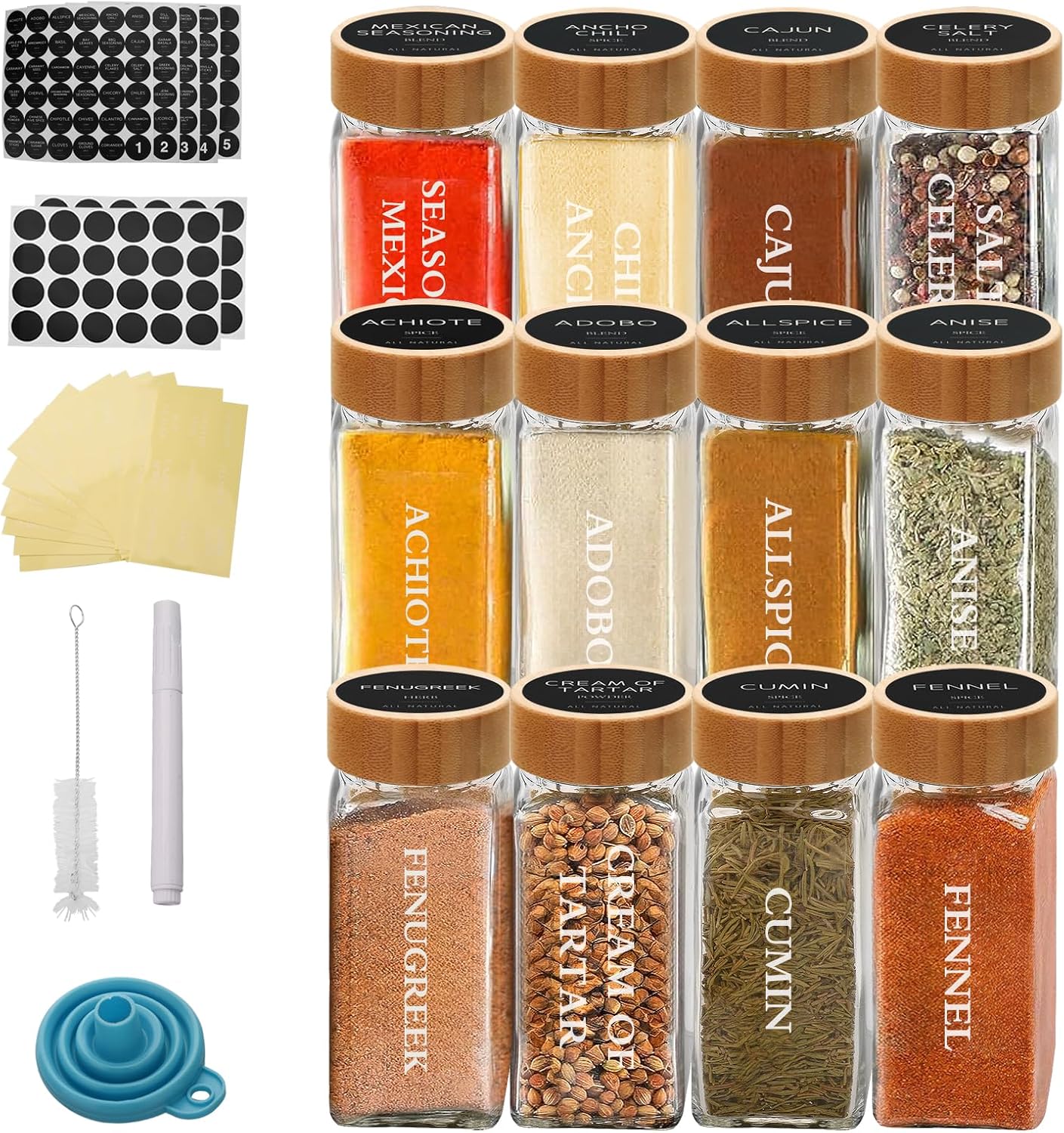 12 Tarros Vidrio Especias 4oz Tapas Bambú