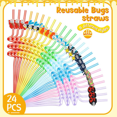 24 Pzas Pajitas Plástico Reutilizables Tema Insectos
