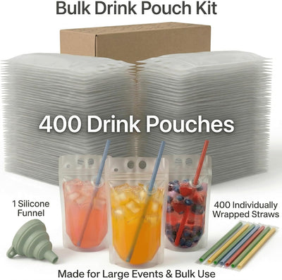 400 Bolsas Bebida 17oz con Popote y Embudo para Eventos