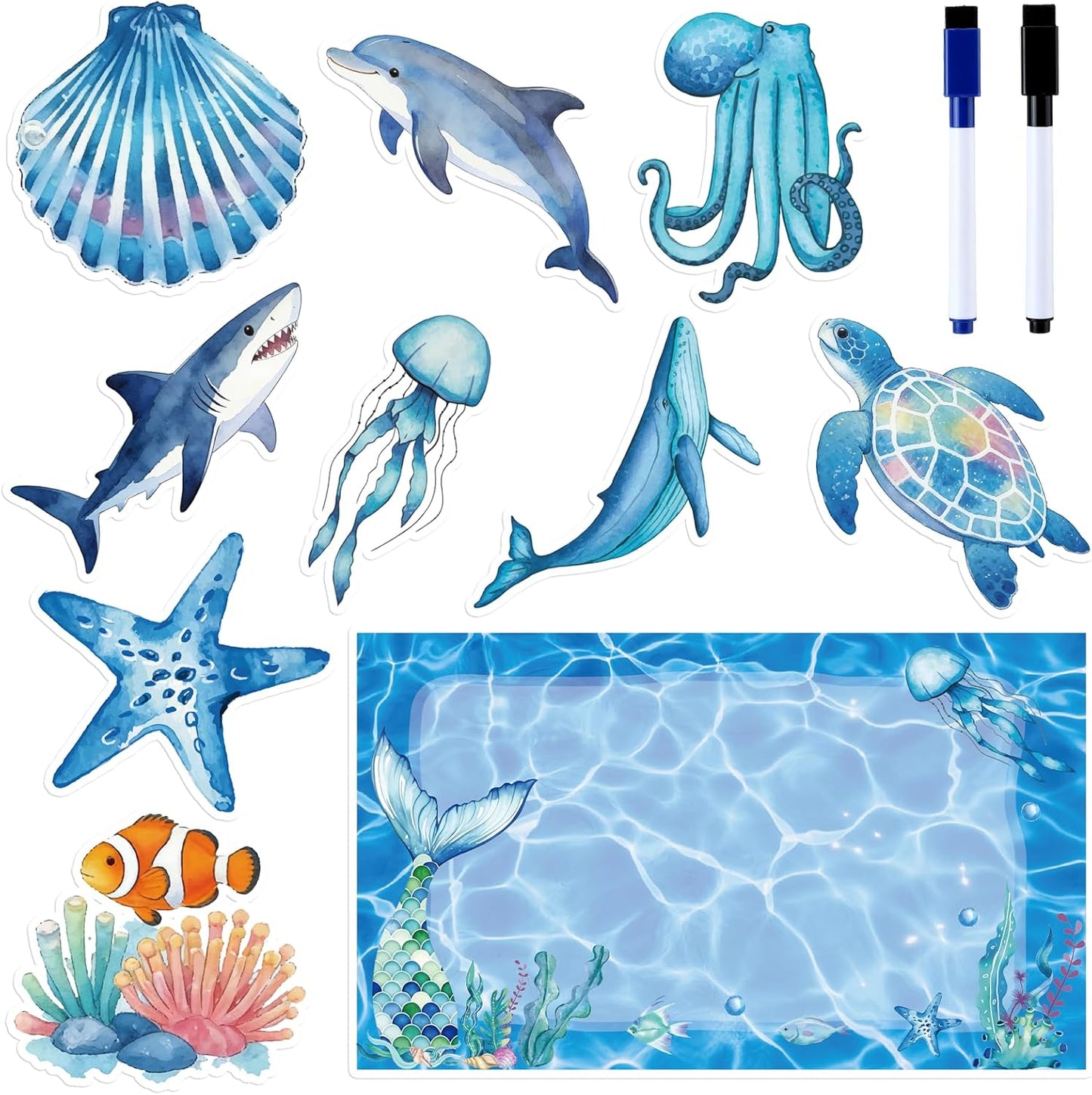 Imanes animales marinos tablero olas 2 bolígrafos reutilizables