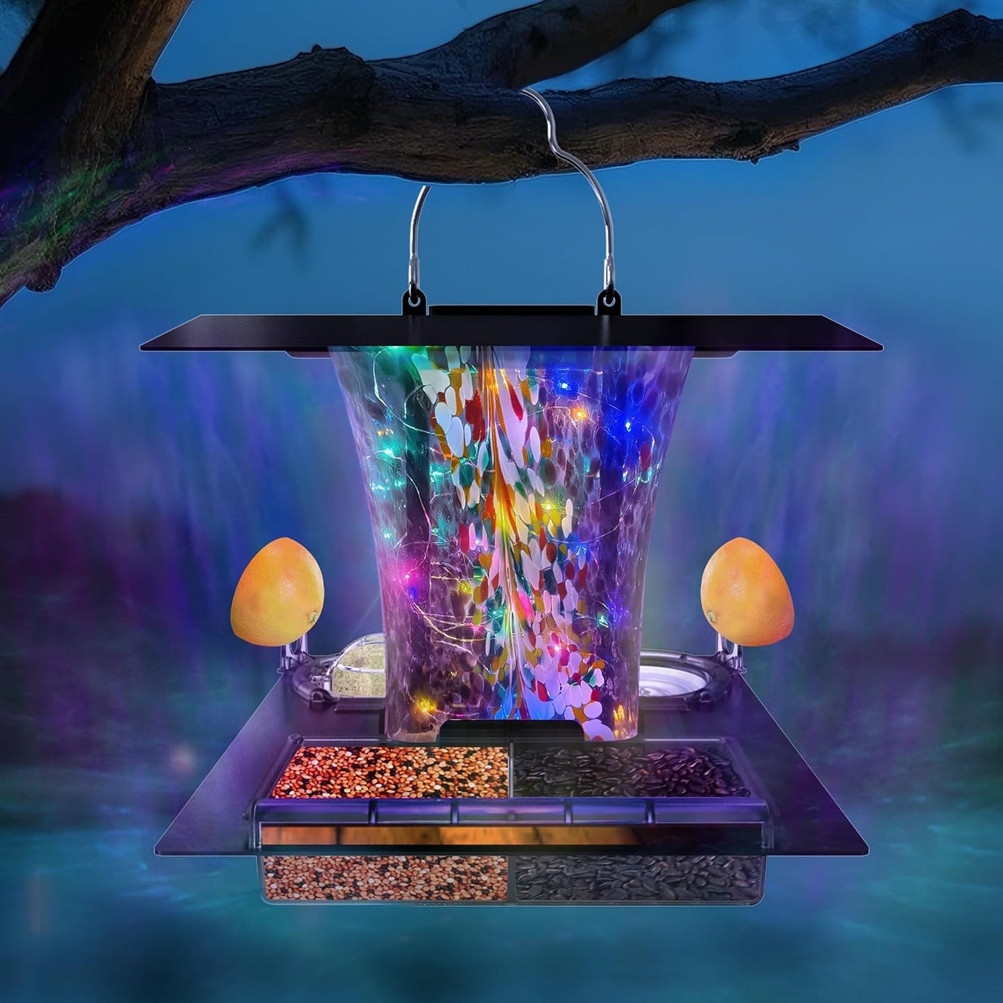 Comedero pájaros solar con luces RGB 2 bandejas vidrio