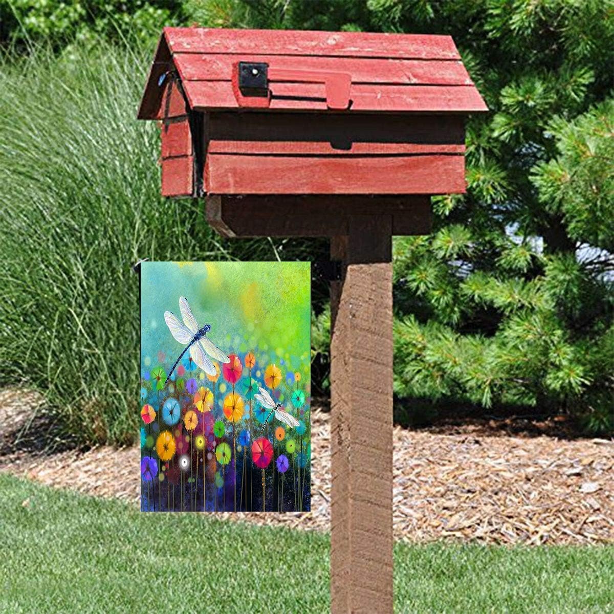 Bandera jardín flores verano libélula 12x18" doble cara