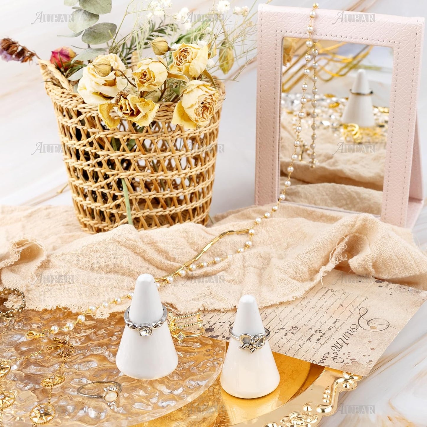 Soporte anillo cerámica torre joyería boda 2 pzas