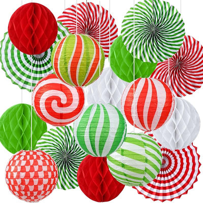 Juego 18 linternas papel Navidad abanicos bolas panal