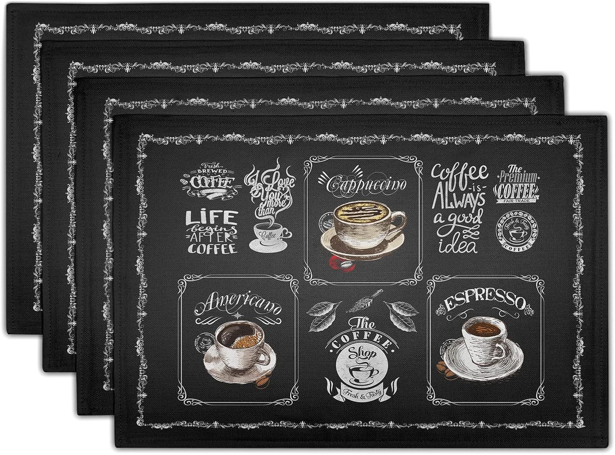 4 Manteles Cafe Life 12x18pulg Cafetera y Granos de Café