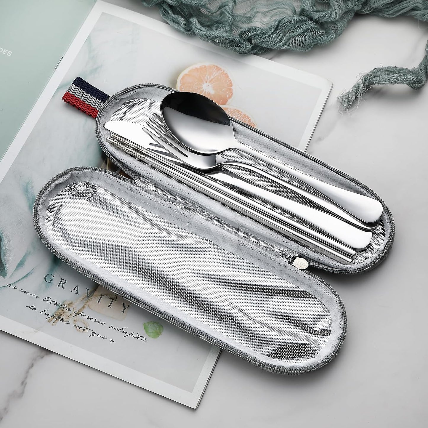 Juego cubiertos acero inox con funda plateado