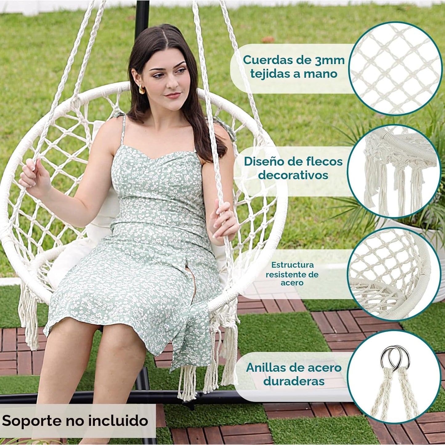Silla Hamaca Macramé 330lb 2 Cojines Beige