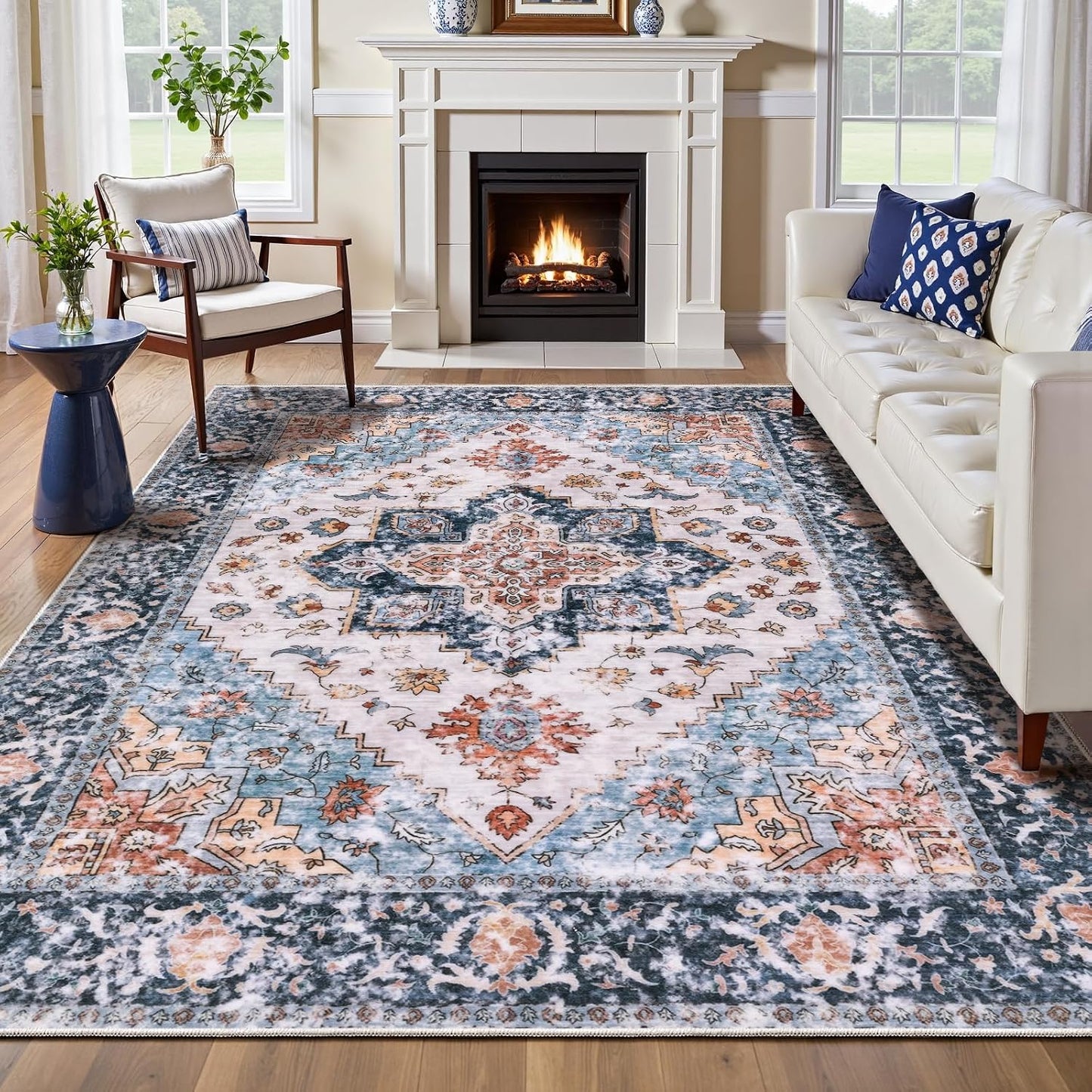 Tapete lavable antiderrap bohemio 6x9ft azul naranja