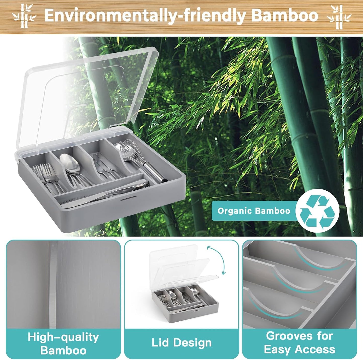 Organiz. cubiertos bambú con tapa gris encimera cocina