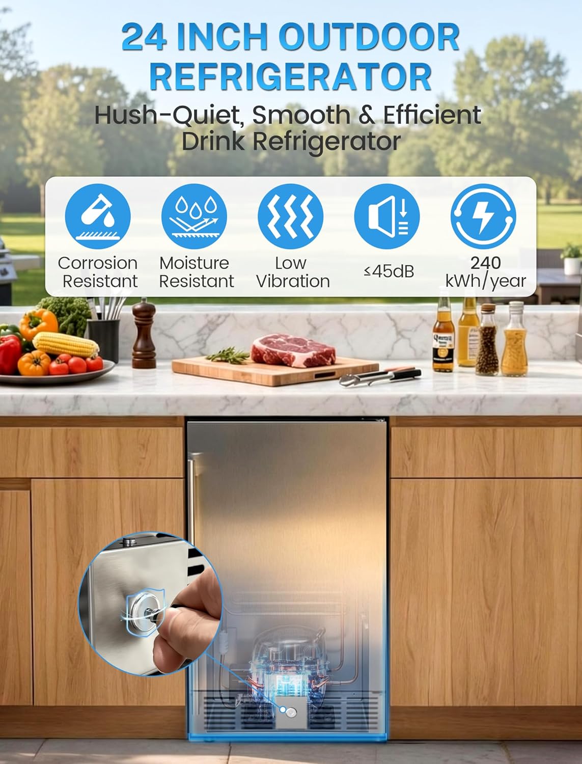Refrigerador bebidas 15pulg acero inox integrado y independiente