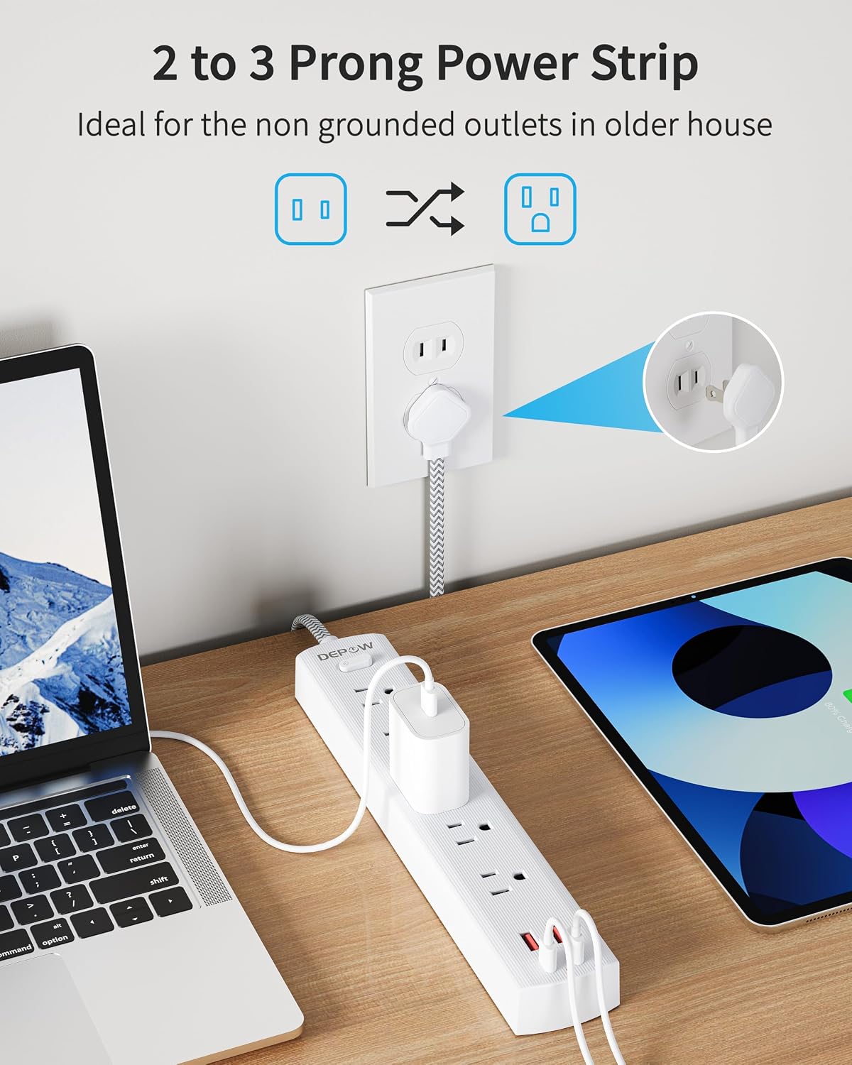 Regleta alimentación 2 clavijas 5 puertos CA 4 USB 2 USB C 5ft