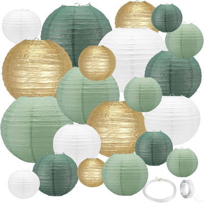 21 Faroles Papel Verde Salvia 4-12pulg Redondas Decorativas