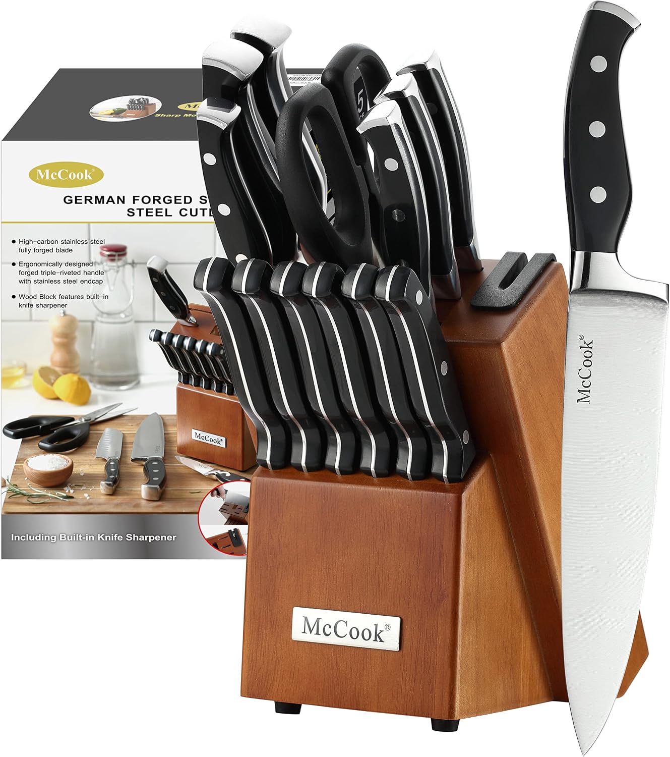 Set cuchillos acero inox con afilador y bloque madera