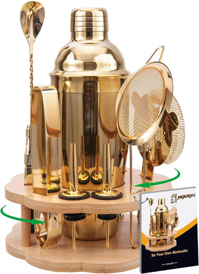 Juego coctelera acero inox soporte bambú giratorio 11 pzas dorado