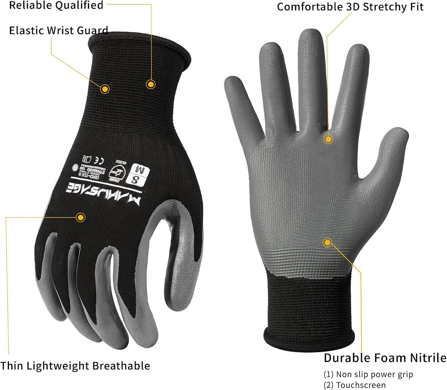 Guantes trabajo seguridad ultradelgados negros talla M 3 pares
