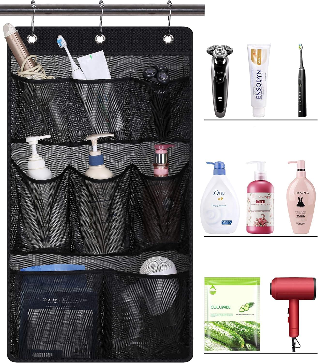 Organiz. ducha malla 2 bolsillos 3 anillos negro