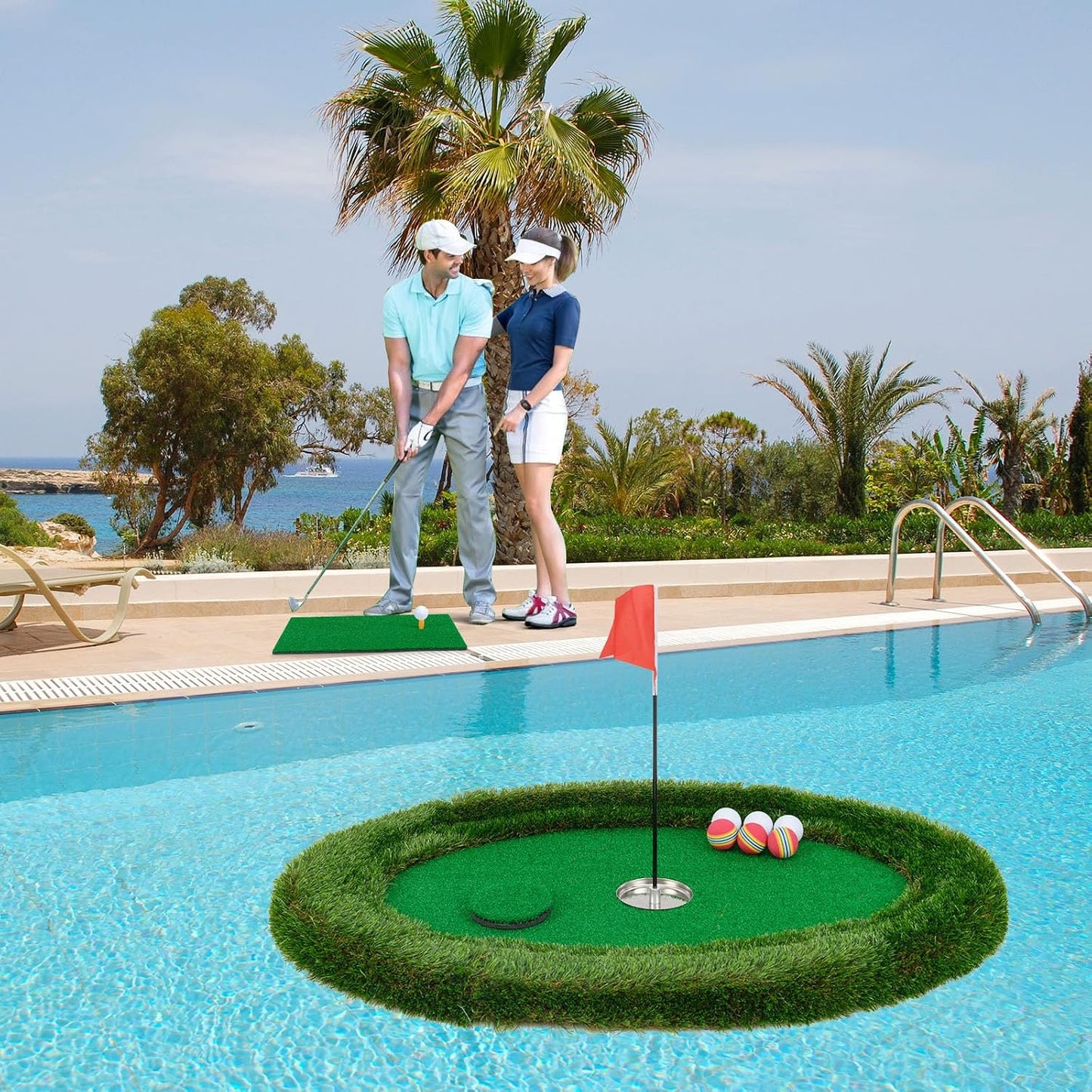 Cubierta flotante para práctica golf con pelotas y bandera