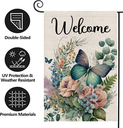 Bandera arpillera doble cara mariposa floral 12x18pulg