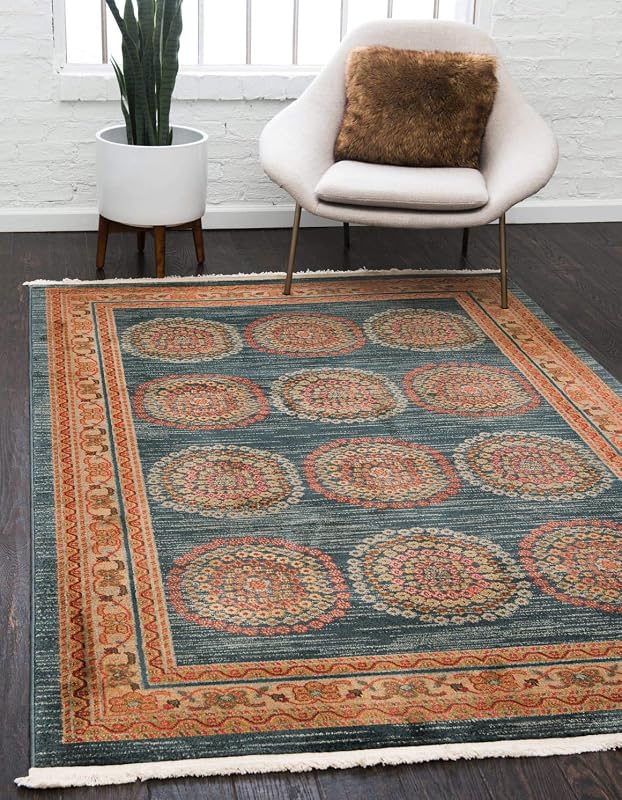 Alfombra medallón tribal 6x9ft color azul marino/beige
