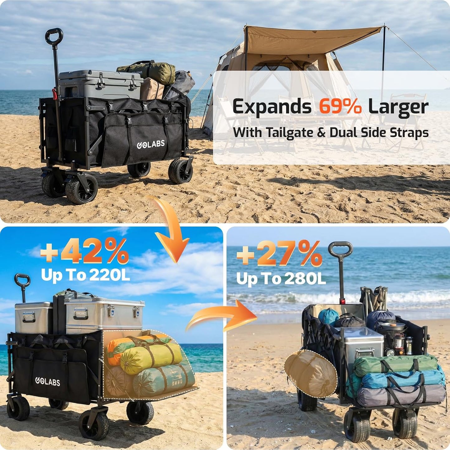 Carrito playa resistente 560lb 280L rueda 7x4pulg