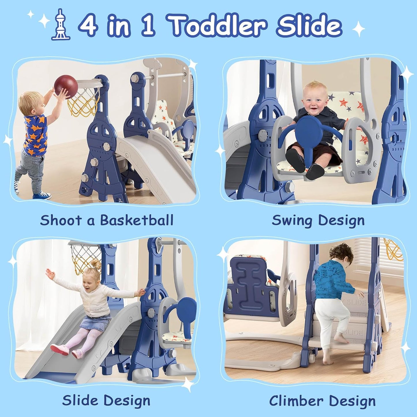 Set Tobogán y Columpio 4en1 para Niños 1-2 Años Azul
