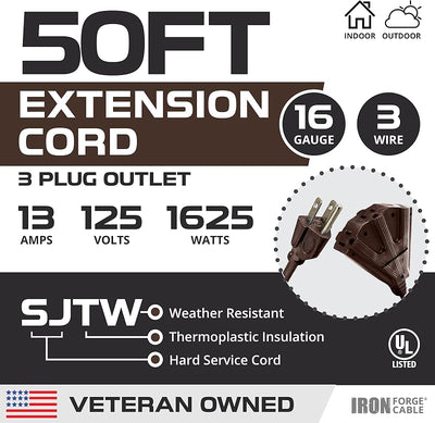 Cable extensión 50ft 16/3 SJTW 3 salidas marrón resistente